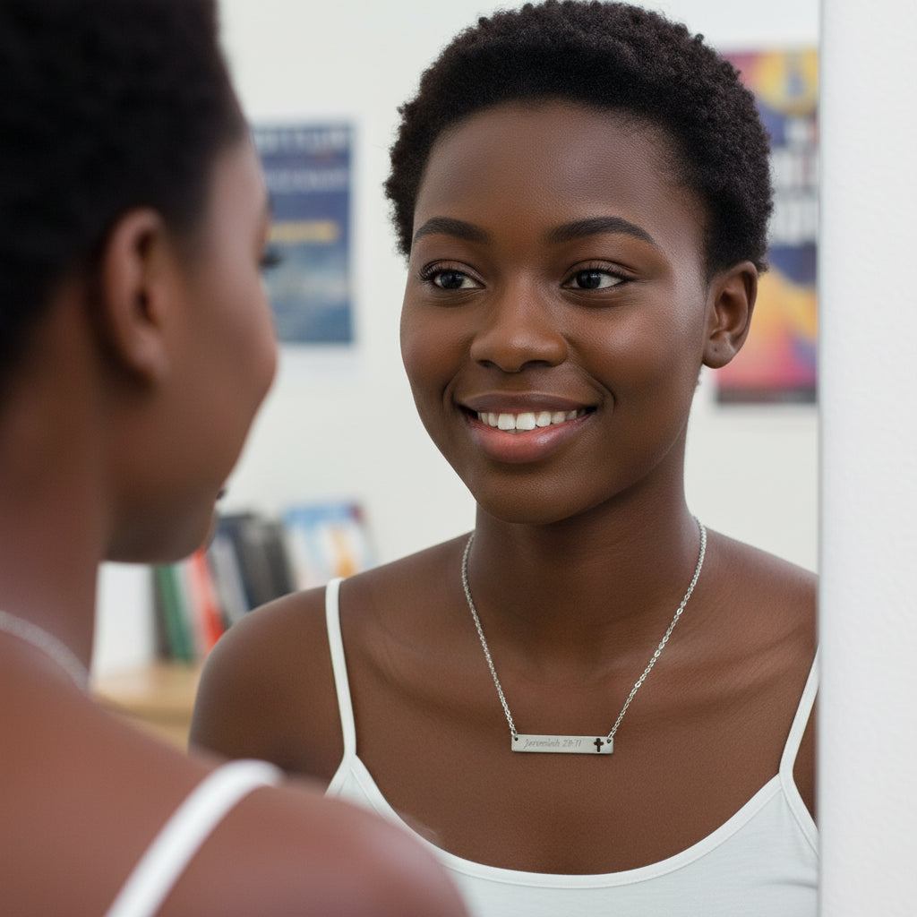 Engraved Cutout Cross Bar Necklace — “Jeremiah 29:11” Christian Pendant