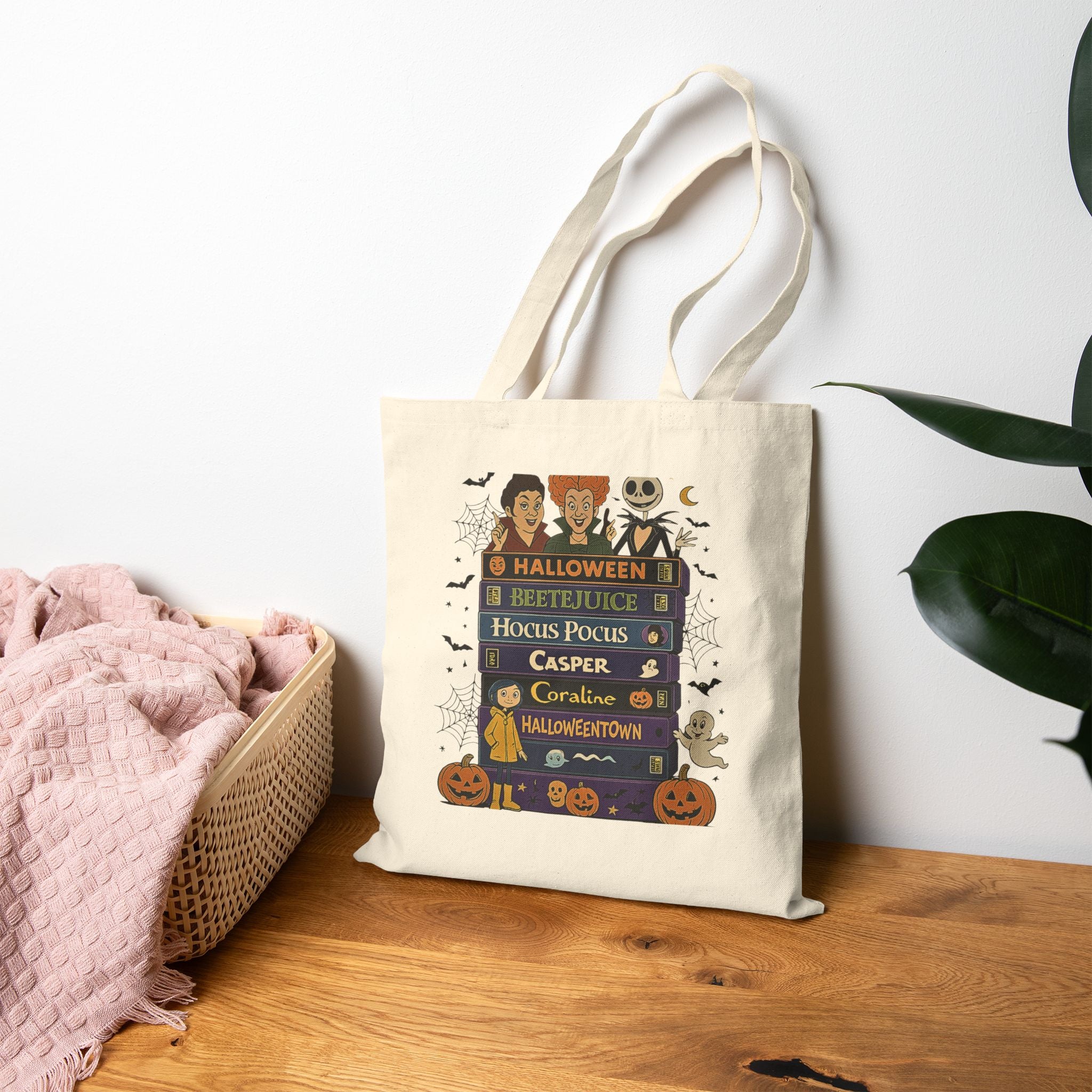 Spooky Halloween Tote Bag, Trick or Treat Bag, Fall Shopping Tote, Witchy Canvas Bag, Cute Pumpkin Reusable Shopper