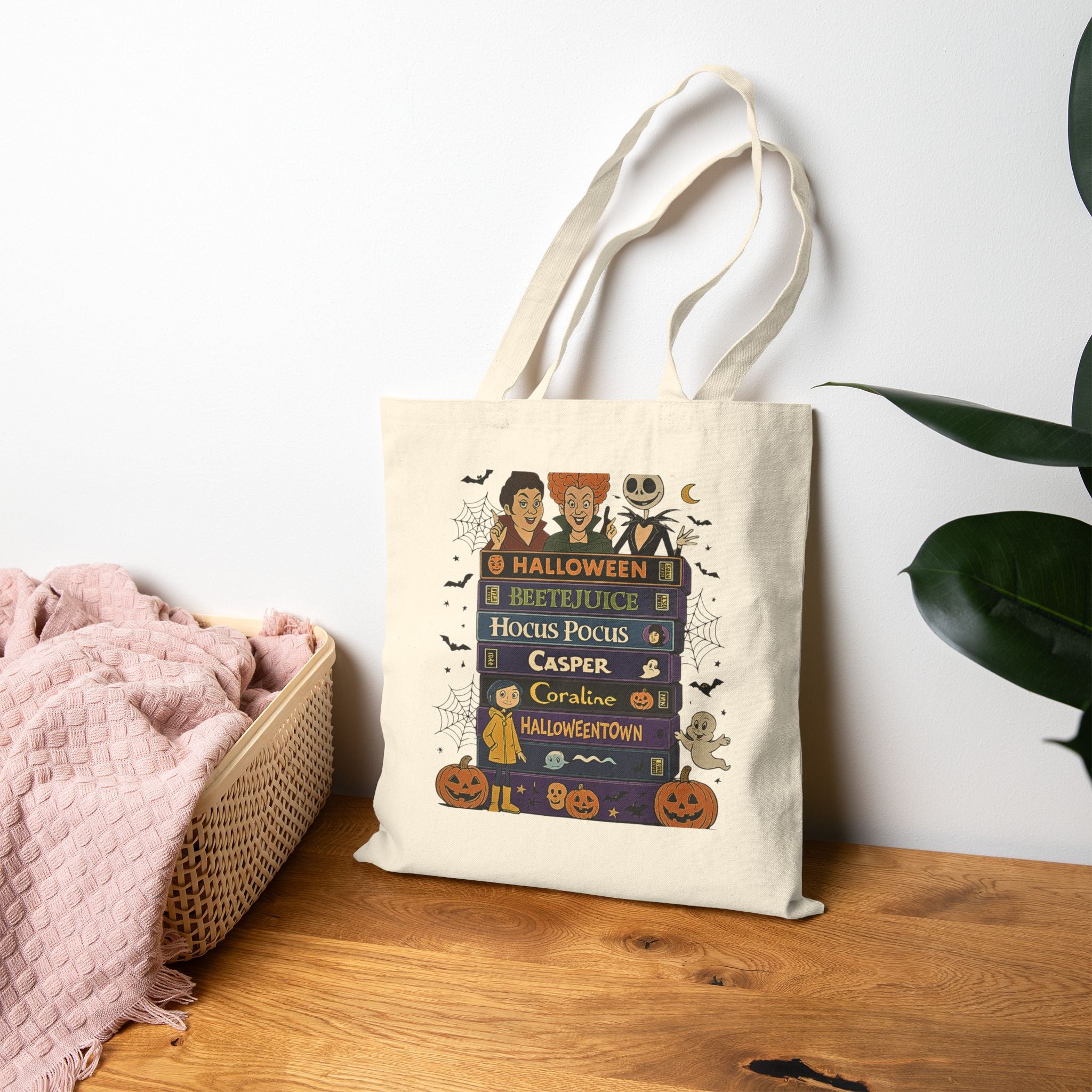 Spooky Halloween Tote Bag, Trick or Treat Bag, Fall Shopping Tote, Witchy Canvas Bag, Cute Pumpkin Reusable Shopper