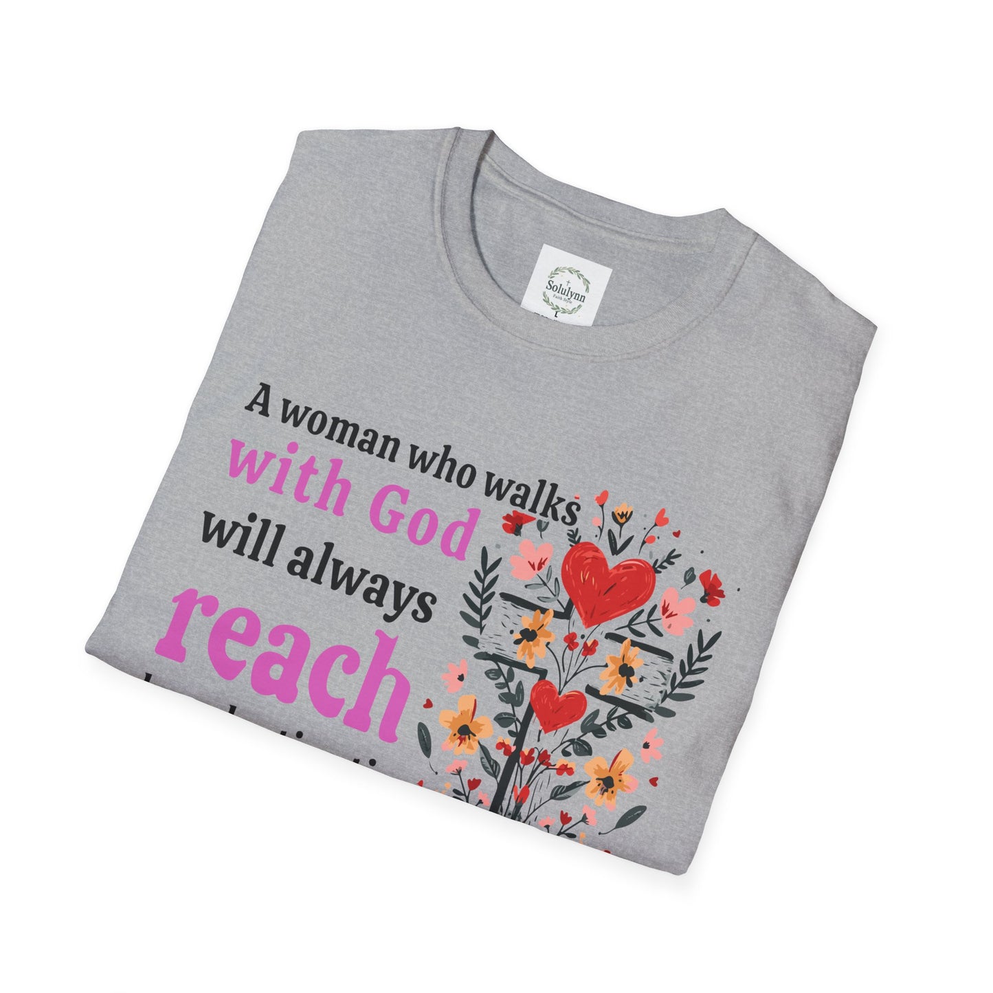 Christian Women’s Inspirational T-Shirt — “A woman who walks with God will always reach her destination” Floral Faith Tee
