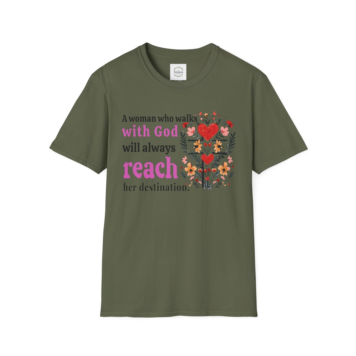 Christian Women’s Inspirational T-Shirt — “A woman who walks with God will always reach her destination” Floral Faith Tee