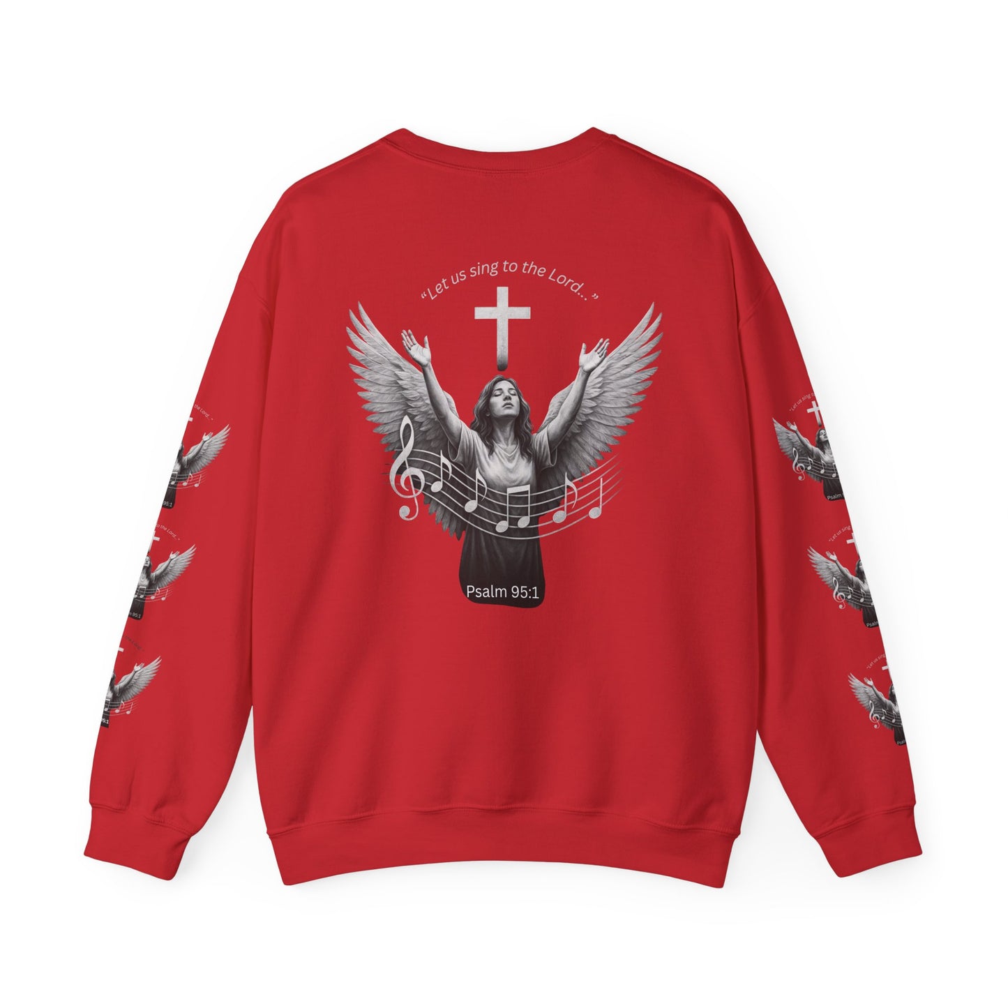 Christian Crewneck Sweatshirt – Psalm 95:1 Angel Wings Cross Music Design