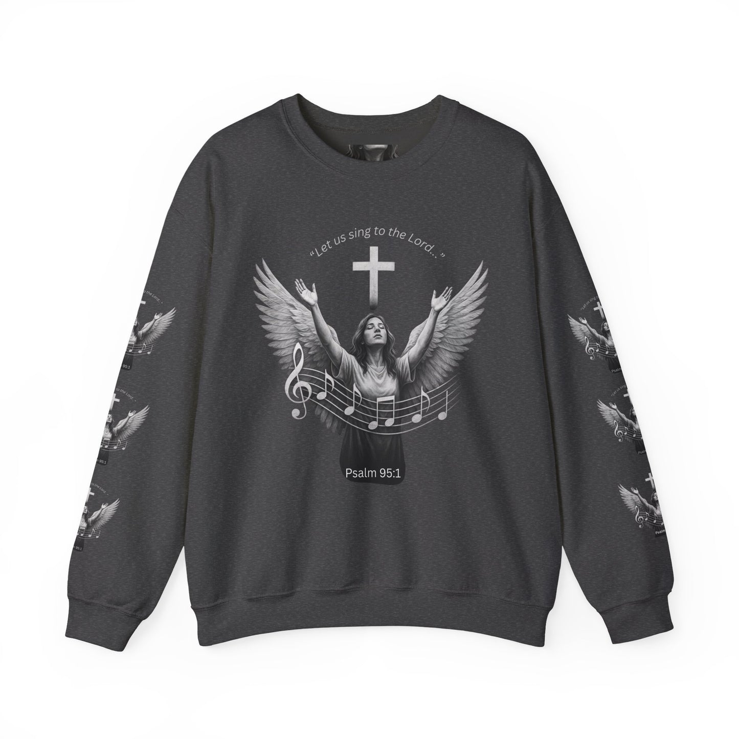 Christian Crewneck Sweatshirt – Psalm 95:1 Angel Wings Cross Music Design