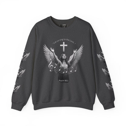 Christian Crewneck Sweatshirt – Psalm 95:1 Angel Wings Cross Music Design