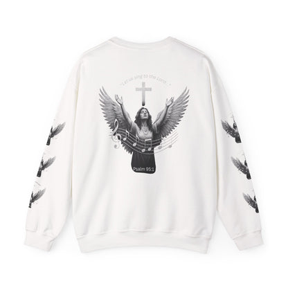 Christian Crewneck Sweatshirt – Psalm 95:1 Angel Wings Cross Music Design