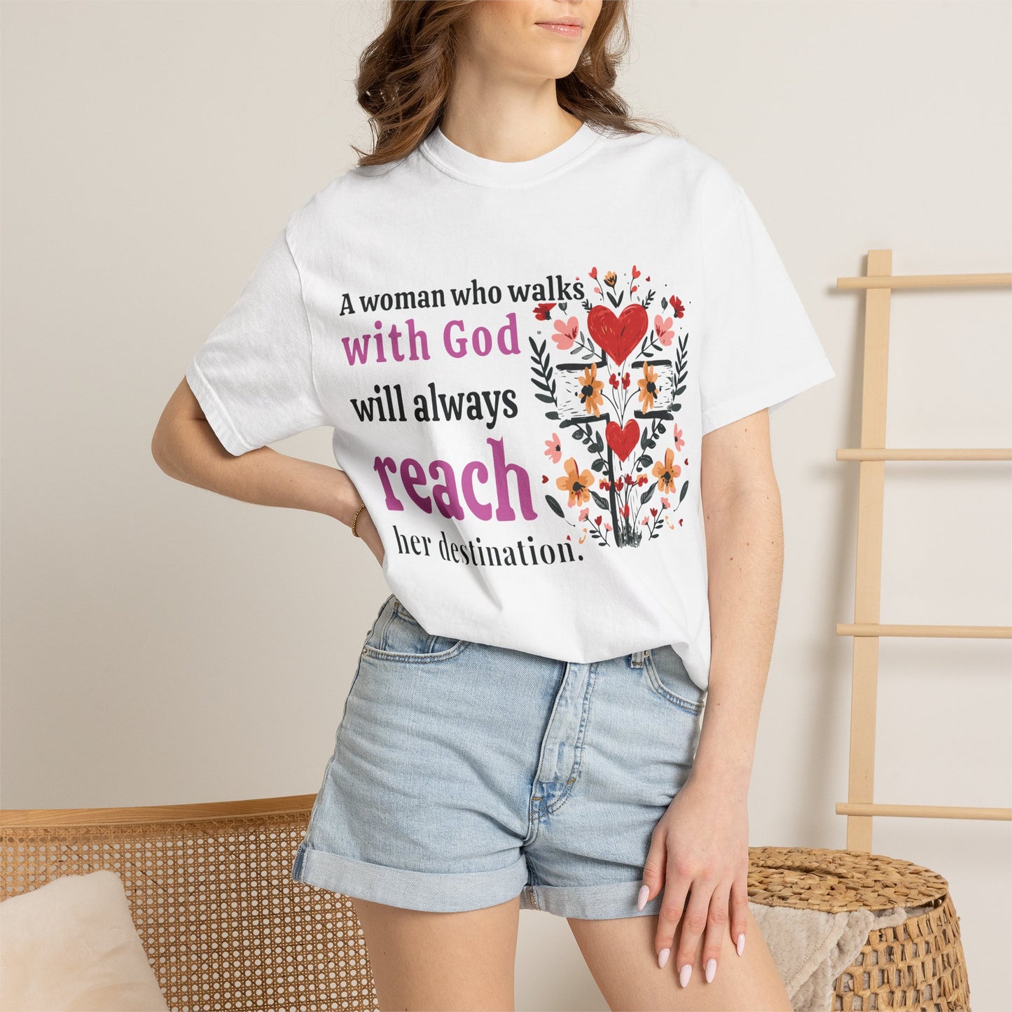 Women’s Faith T-Shirt — “A woman who walks with God will always reach her destination” Inspirational Christian Tee