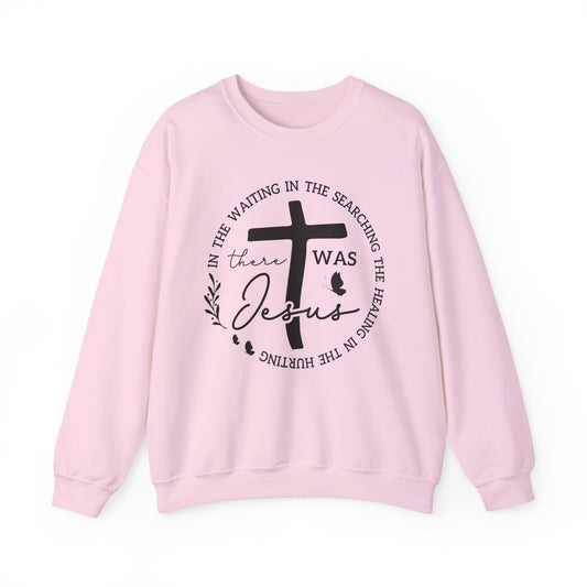 Christian Sweatshirt, "In The Waiting There Was Jesus" Cross Crewneck (Back: "By His Wounds We Are Healed")