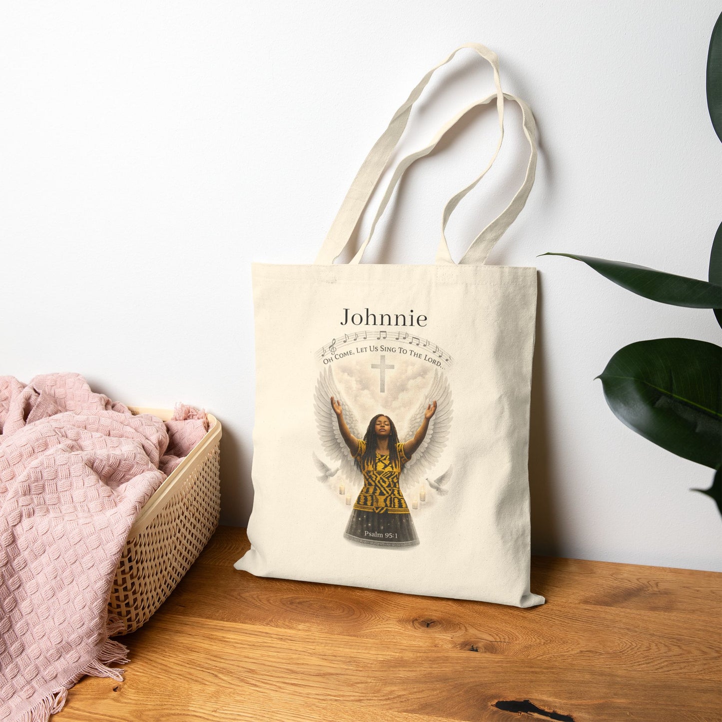 Religious Cotton Tote Bag — "Johnnie" Prayerful Angel Design