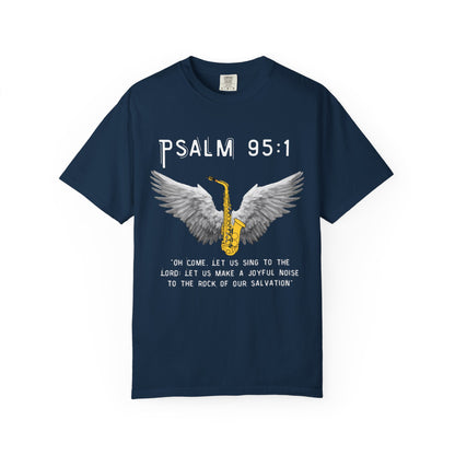 Christian T‑Shirt Psalm 95:1 Saxophone Wings — 'O Come, Let Us Sing' Worship Tee