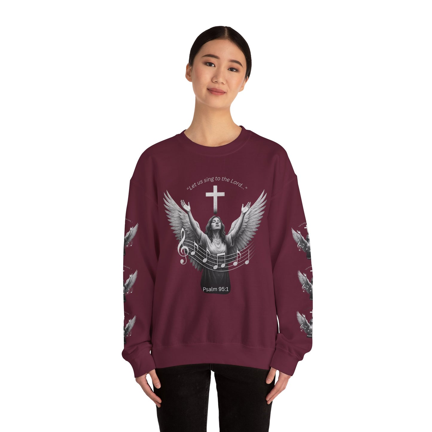 Christian Crewneck Sweatshirt – Psalm 95:1 Angel Wings Cross Music Design