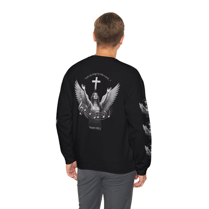 Christian Crewneck Sweatshirt – Psalm 95:1 Angel Wings Cross Music Design