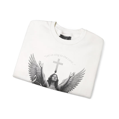 Christian Crewneck Sweatshirt – Psalm 95:1 Angel Wings Cross Music Design
