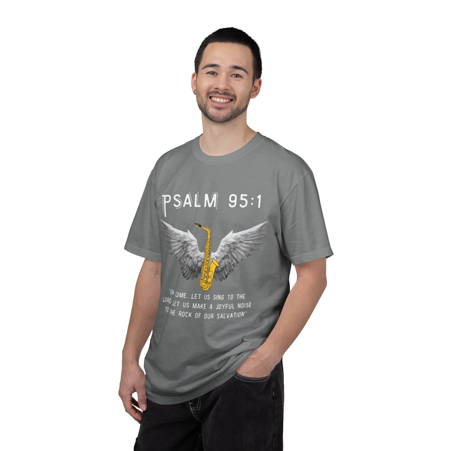 Christian T‑Shirt Psalm 95:1 Saxophone Wings — 'O Come, Let Us Sing' Worship Tee
