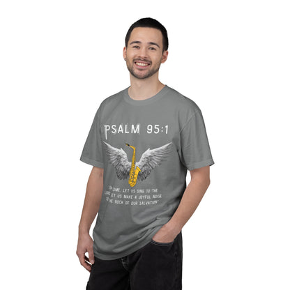 Christian T‑Shirt Psalm 95:1 Saxophone Wings — 'O Come, Let Us Sing' Worship Tee