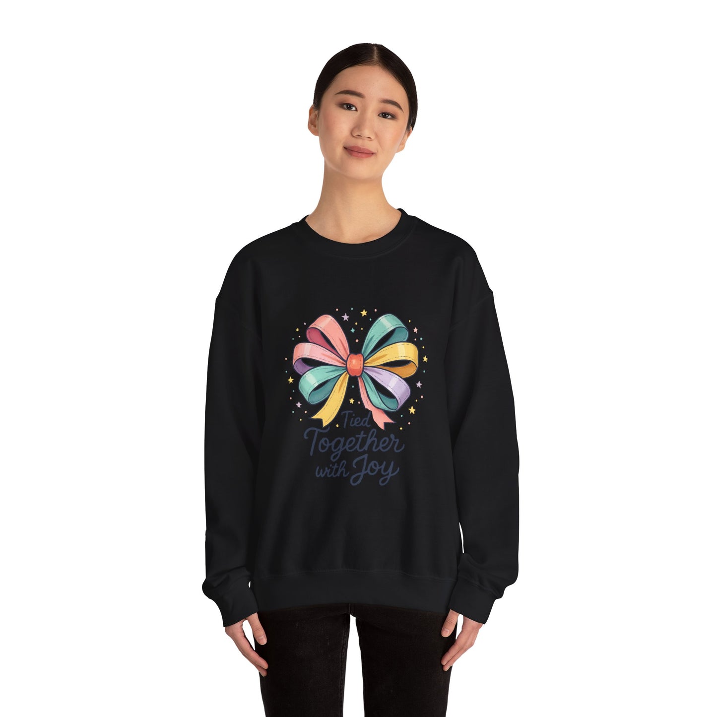 Tied Together With Joy Sweatshirt — Rainbow Bow Crewneck Gift