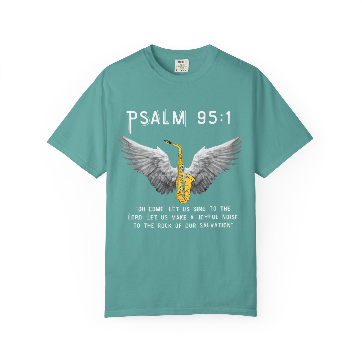 Christian T‑Shirt Psalm 95:1 Saxophone Wings — 'O Come, Let Us Sing' Worship Tee
