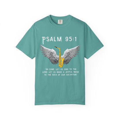 Christian T‑Shirt Psalm 95:1 Saxophone Wings — 'O Come, Let Us Sing' Worship Tee