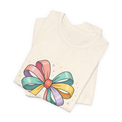 T-Shirt — "Tied Together With Joy" Rainbow Bow Graphic Tee