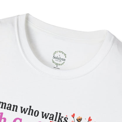 Christian Women’s Inspirational T-Shirt — “A woman who walks with God will always reach her destination” Floral Faith Tee