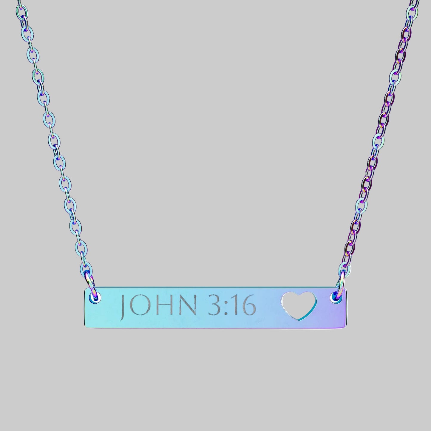 Christian  Engravable Religious Bar Necklace John 3:16 Cutout Heart Bar Necklace —