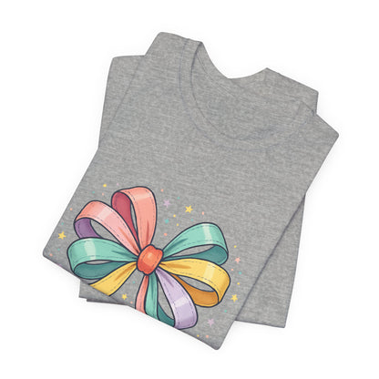T-Shirt — "Tied Together With Joy" Rainbow Bow Graphic Tee