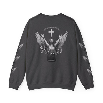 Christian Crewneck Sweatshirt – Psalm 95:1 Angel Wings Cross Music Design