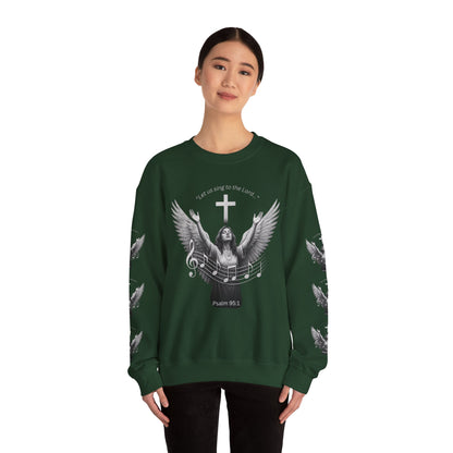 Christian Crewneck Sweatshirt – Psalm 95:1 Angel Wings Cross Music Design