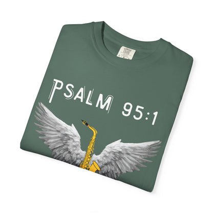 Christian T‑Shirt Psalm 95:1 Saxophone Wings — 'O Come, Let Us Sing' Worship Tee