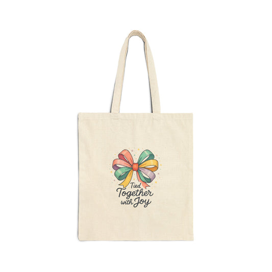 Tote — "Tied Together with Joy" Rainbow Bow Cotton Canvas Tote