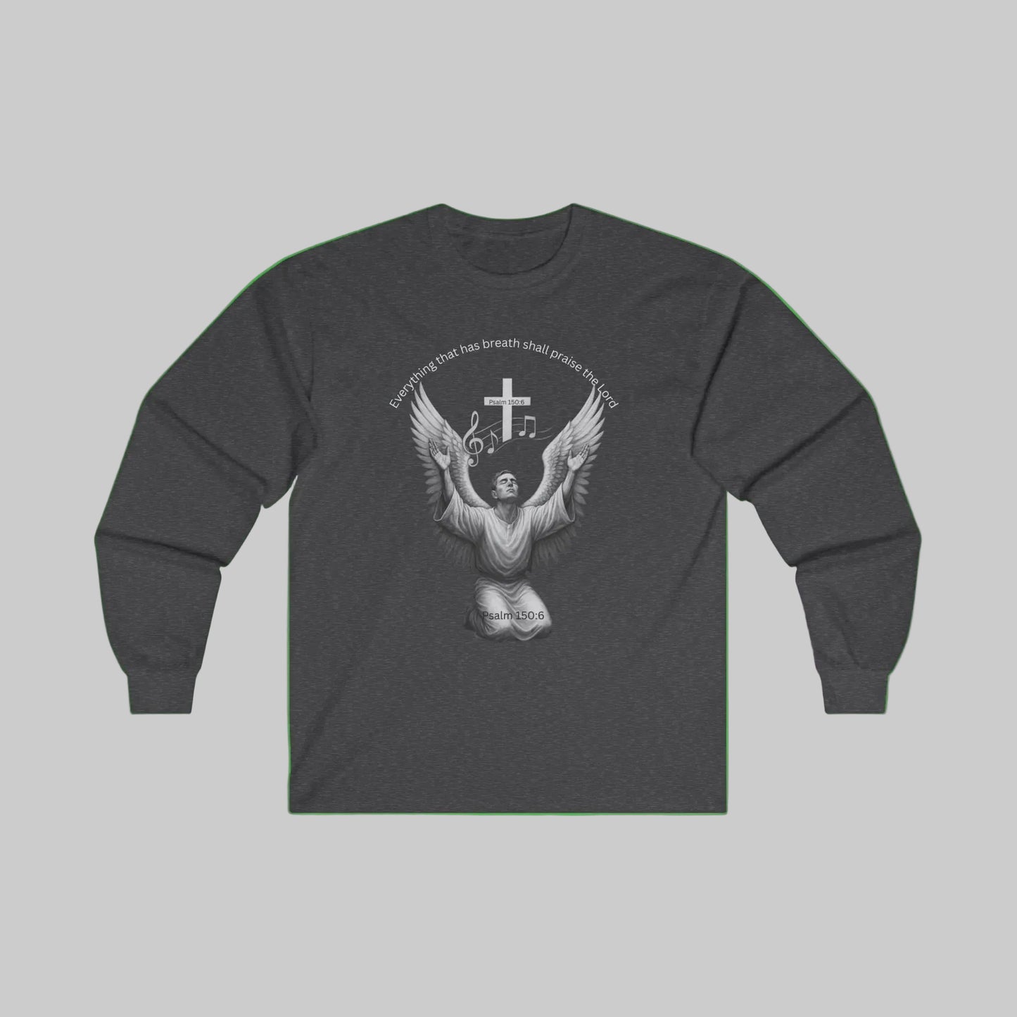 Male Angel Choir Worshiper Psalm 150:6 T-Shirt — Man worshiper Singing Praises to the Lord 'Let Everything That Has Breath Praise The Lord' Religious Graphic T-Shirt