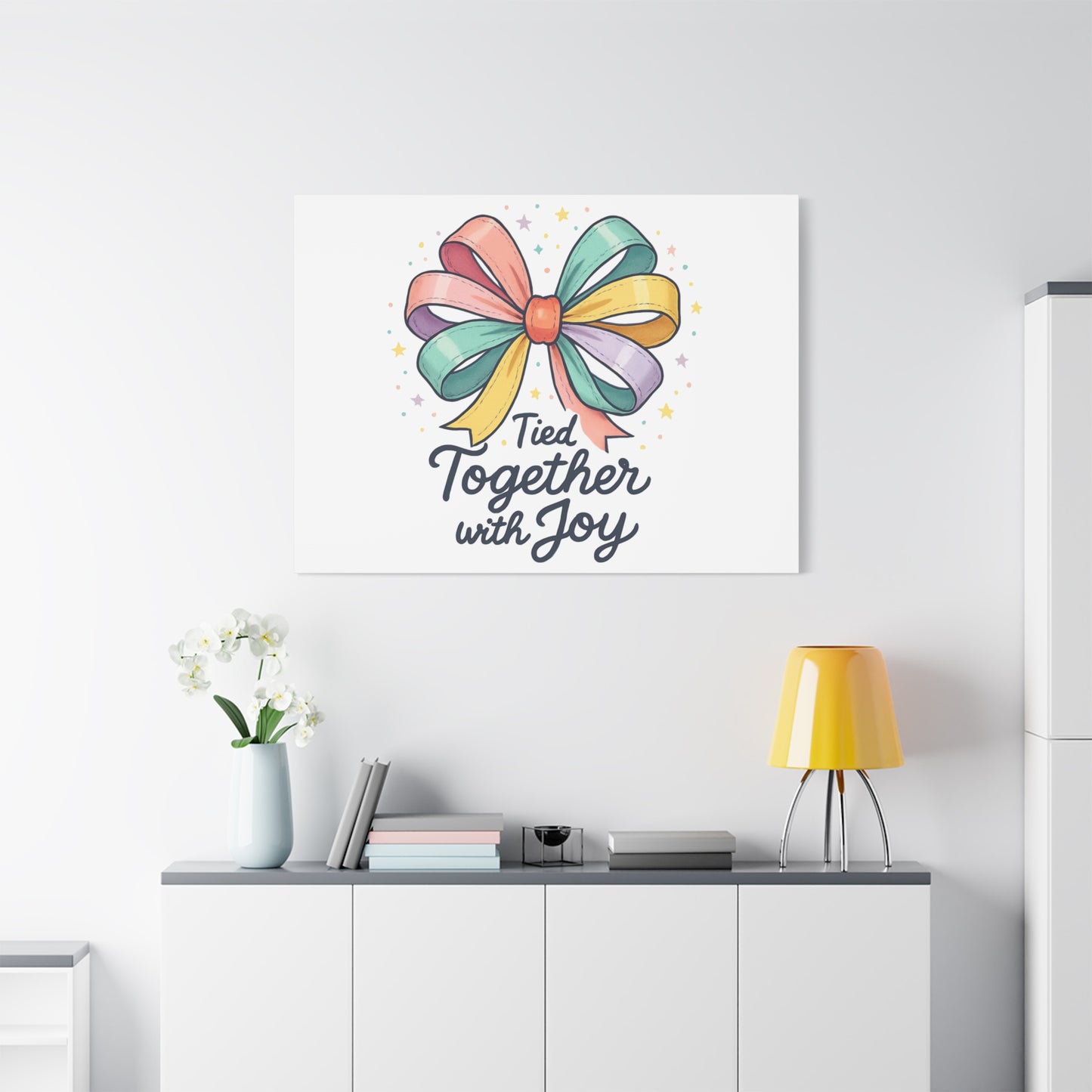 Canvas Wall Art - "Tied Together with Joy" Pastel Ribbon Decorative Print