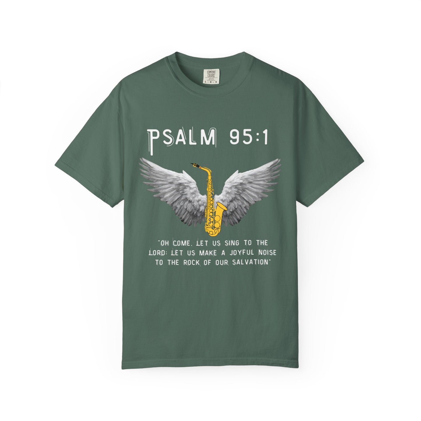 Christian T‑Shirt Psalm 95:1 Saxophone Wings — 'O Come, Let Us Sing' Worship Tee