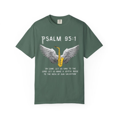 Christian T‑Shirt Psalm 95:1 Saxophone Wings — 'O Come, Let Us Sing' Worship Tee