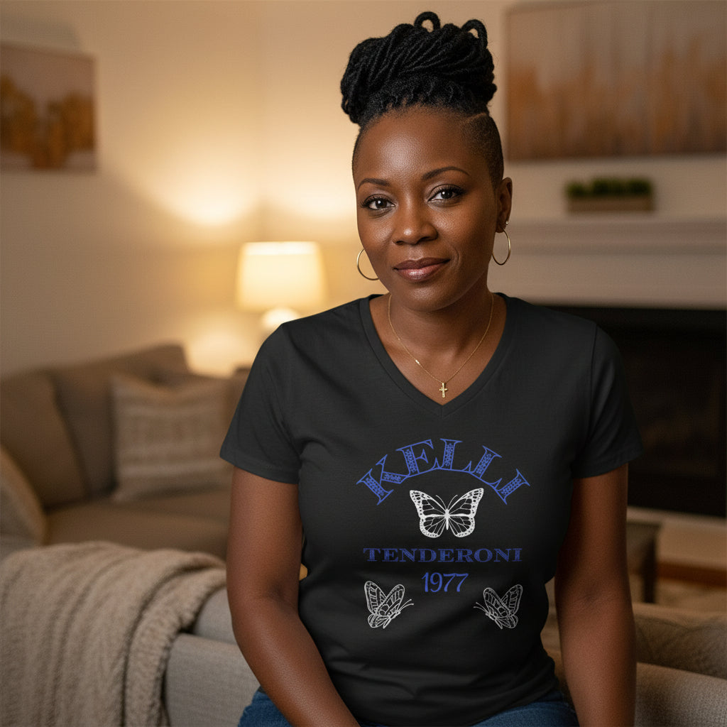 Customized Ladies' V-Neck T-Shirt — Kelli Tenderoni 1977 Butterfly Cross Graphic
