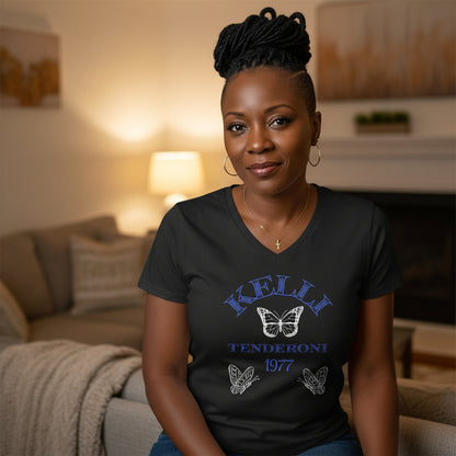 Customized Ladies' V-Neck T-Shirt — Kelli Tenderoni 1977 Butterfly Cross Graphic