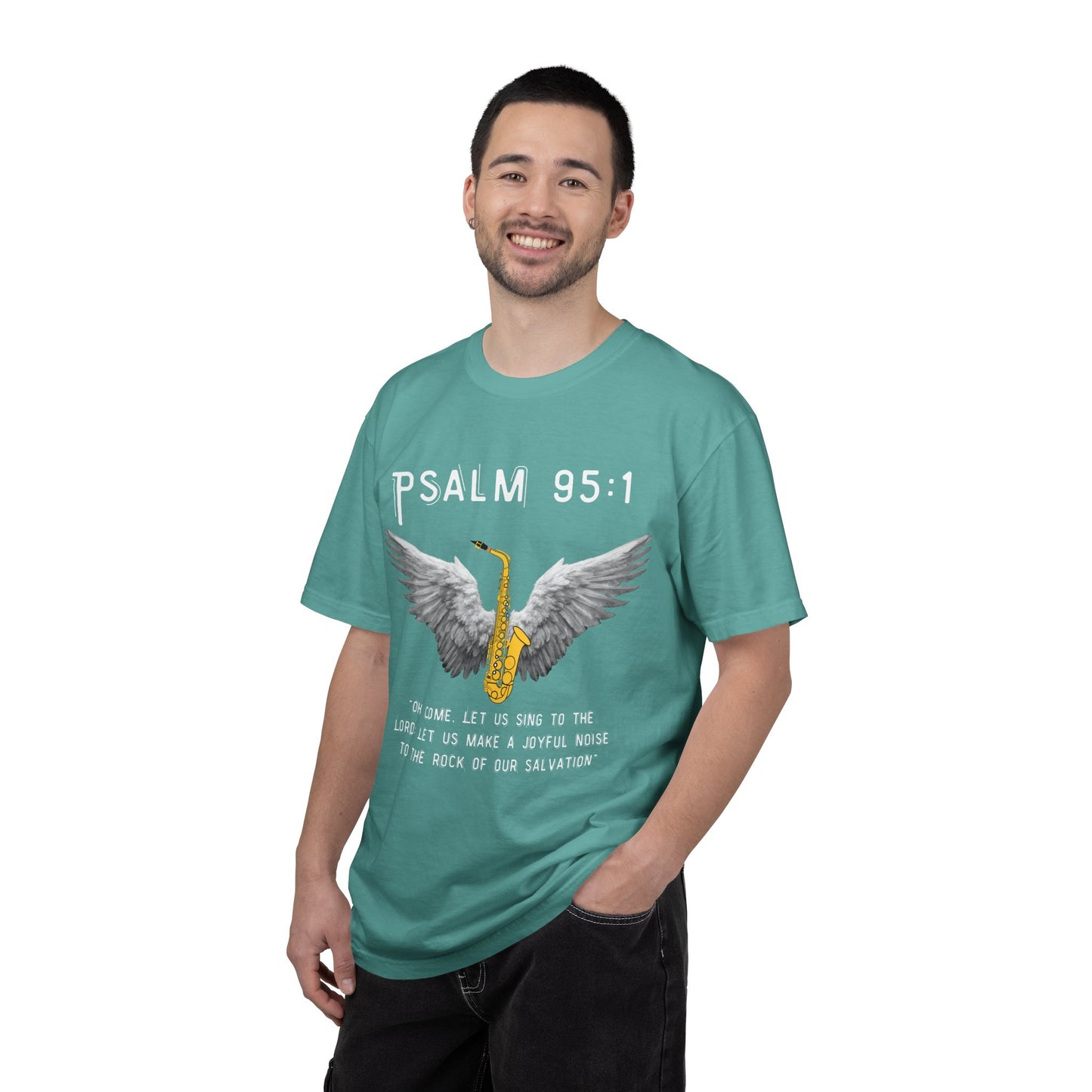Christian T‑Shirt Psalm 95:1 Saxophone Wings — 'O Come, Let Us Sing' Worship Tee