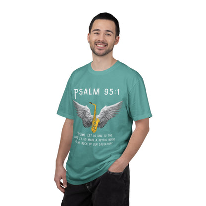 Christian T‑Shirt Psalm 95:1 Saxophone Wings — 'O Come, Let Us Sing' Worship Tee