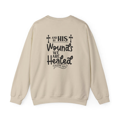 Christian Sweatshirt, "In The Waiting There Was Jesus" Cross Crewneck (Back: "By His Wounds We Are Healed")