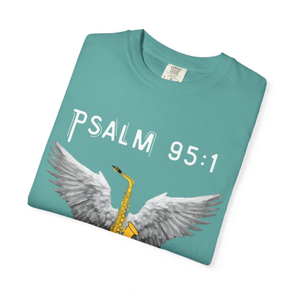 Christian T‑Shirt Psalm 95:1 Saxophone Wings — 'O Come, Let Us Sing' Worship Tee