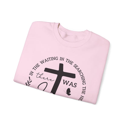 Christian Sweatshirt, "In The Waiting There Was Jesus" Cross Crewneck (Back: "By His Wounds We Are Healed")
