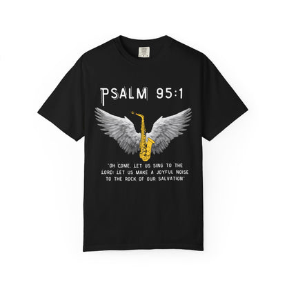 Christian T‑Shirt Psalm 95:1 Saxophone Wings — 'O Come, Let Us Sing' Worship Tee
