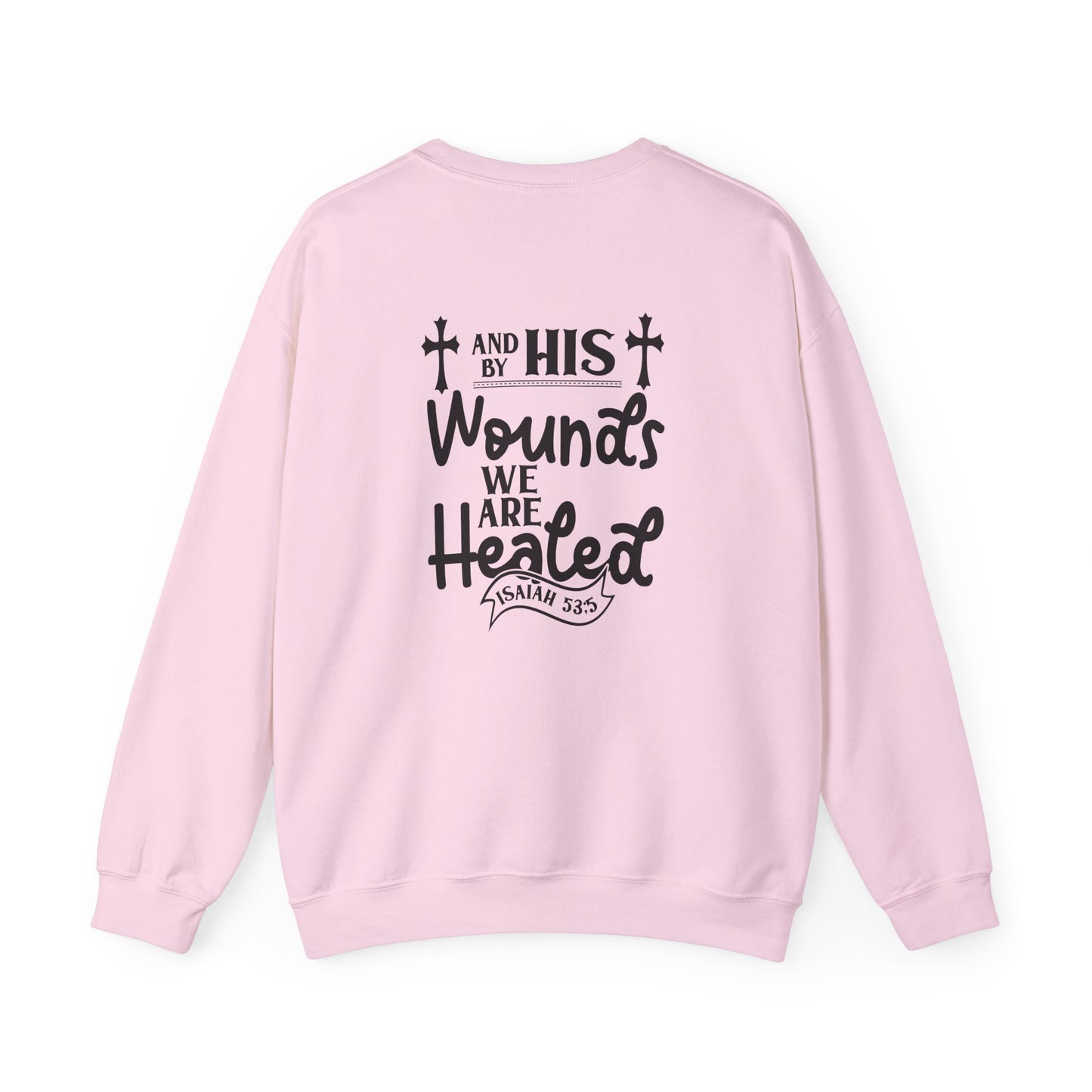 Christian Sweatshirt, "In The Waiting There Was Jesus" Cross Crewneck (Back: "By His Wounds We Are Healed")