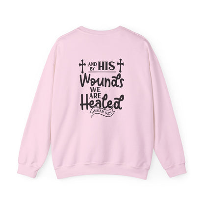 Christian Sweatshirt, "In The Waiting There Was Jesus" Cross Crewneck (Back: "By His Wounds We Are Healed")