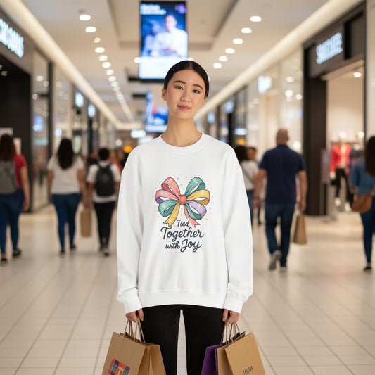 Tied Together With Joy Sweatshirt — Rainbow Bow Crewneck Gift
