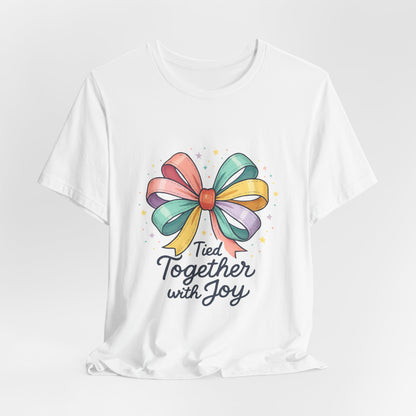 T-Shirt — "Tied Together With Joy" Rainbow Bow Graphic Tee