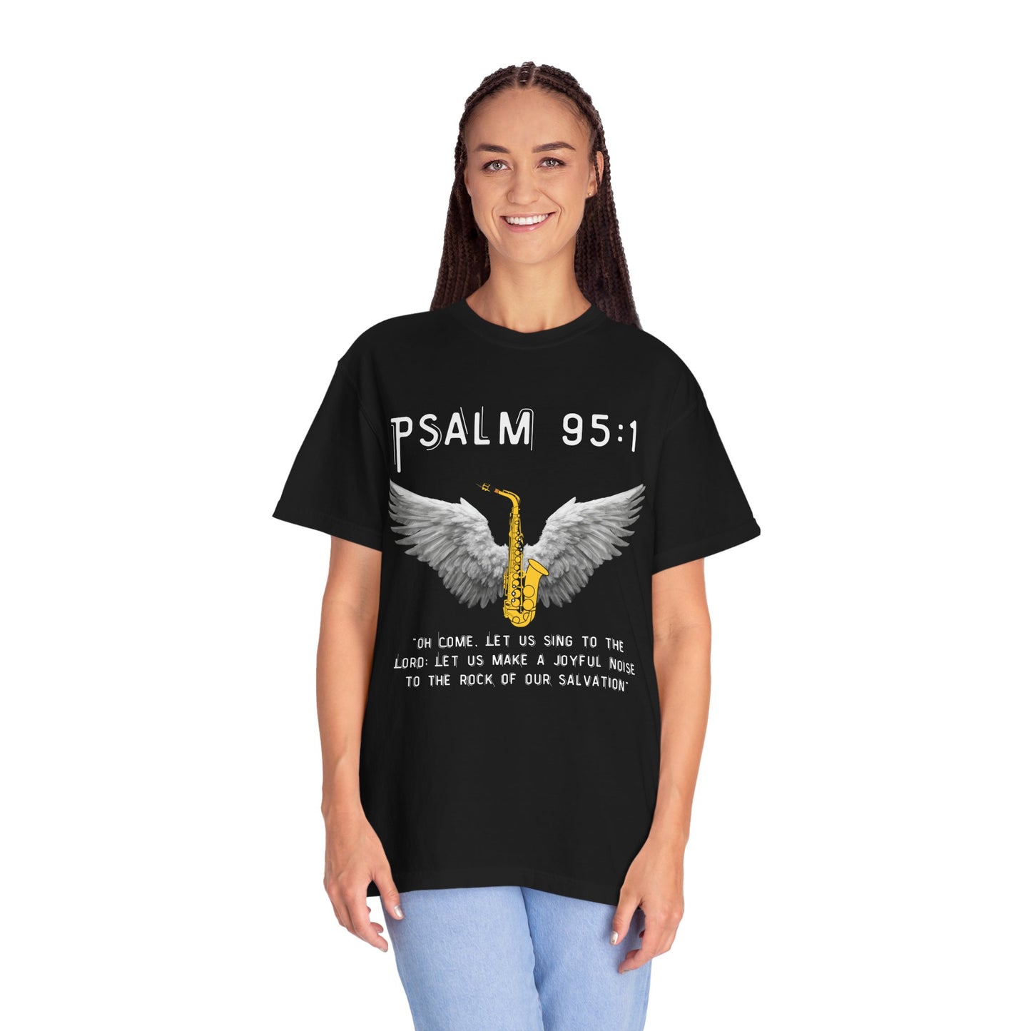 Christian T‑Shirt Psalm 95:1 Saxophone Wings — 'O Come, Let Us Sing' Worship Tee