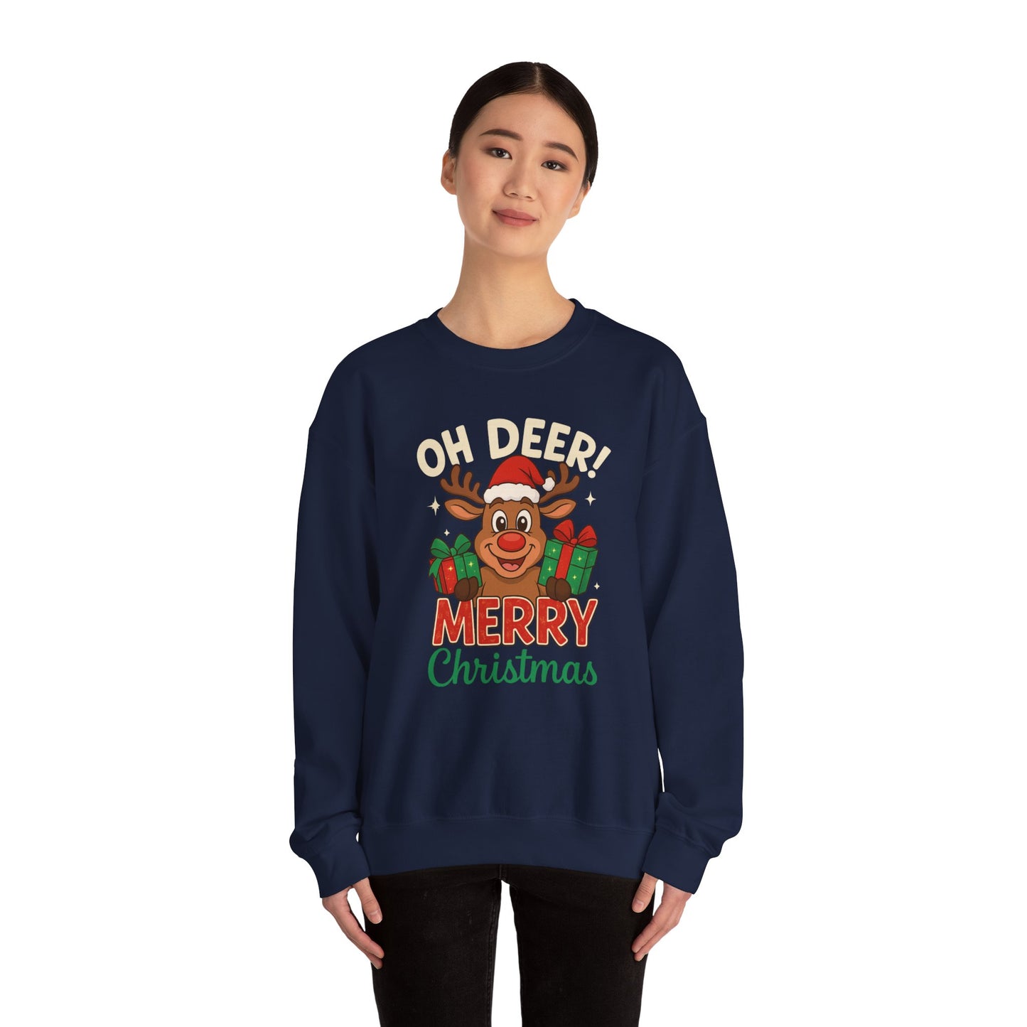 Crewneck Sweatshirt - Oh Deer! Merry Christmas — Cute Reindeer Holiday Crewneck