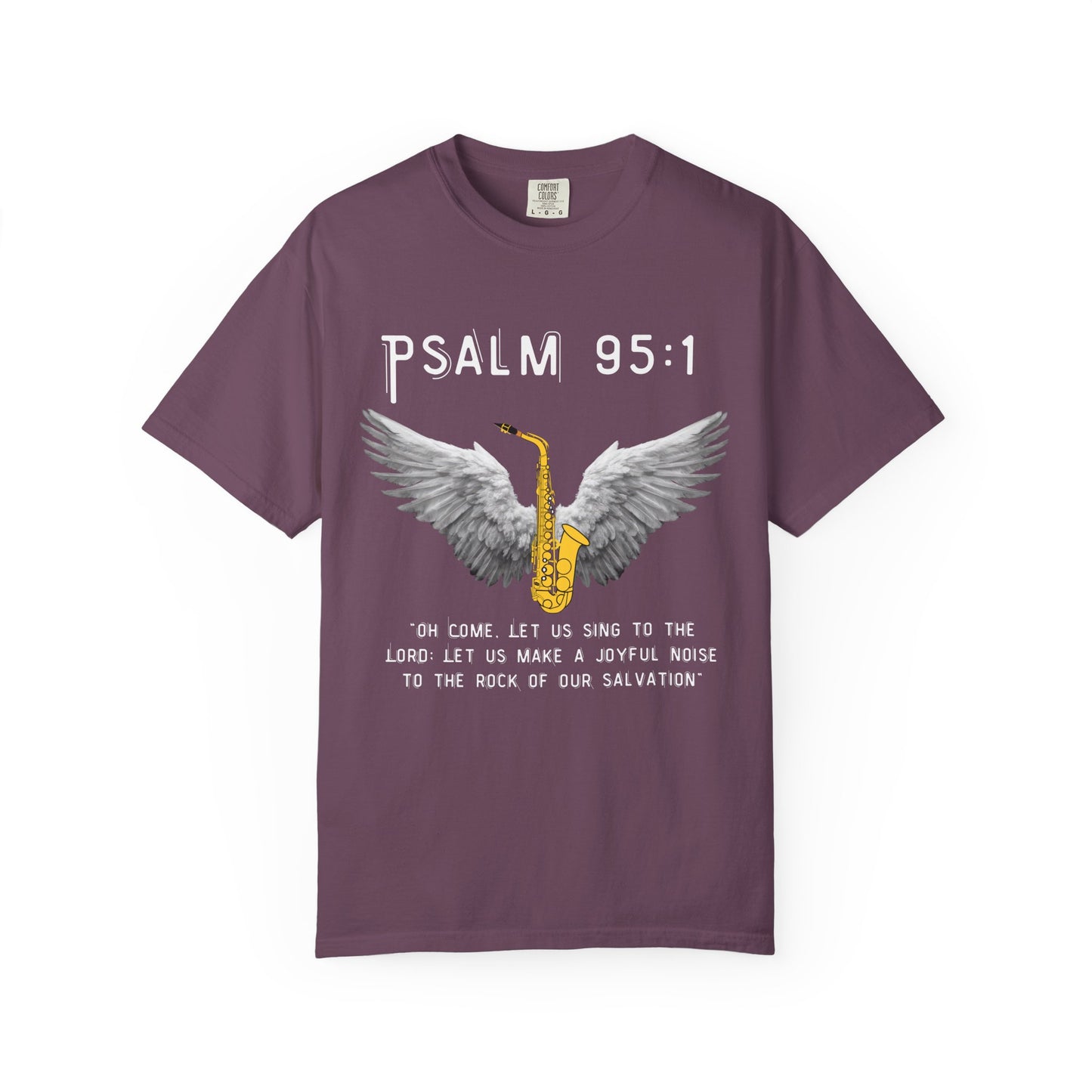 Christian T‑Shirt Psalm 95:1 Saxophone Wings — 'O Come, Let Us Sing' Worship Tee