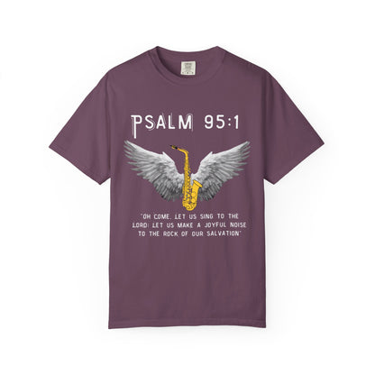 Christian T‑Shirt Psalm 95:1 Saxophone Wings — 'O Come, Let Us Sing' Worship Tee