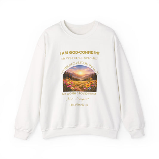 Christian Crewneck Sweatshirt Phil. 1:6— "I Am God-Confident" Inspirational Scripture Design